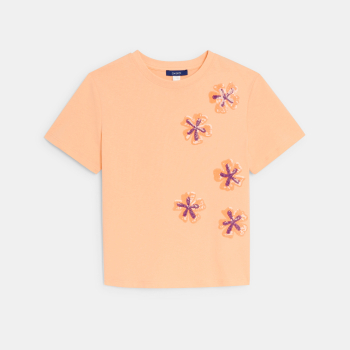 تيشيرت برتقالي فاتح بأكمام قصيرة مطرز للفتيات